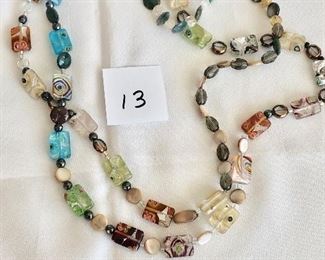 $25.   Beautiful 48” long artist glass, crystal, and mother of pearl bead necklace.  Well made and goes with anything