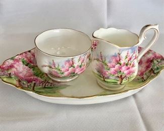 $25. Royal Albert “Blossom Time” creamer and sugar on matching tray. Mint condition