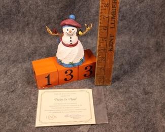 133:  Pretty in Plaid. Now $6.  Was $8.00   Lenox snowman by Lynn Bywaters - 1990s.  New in box - excellent condition.  
