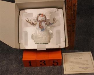 135:  Snow Pal. Now $6.  Was $8.  Lenox snowman by Lynn Bywaters - 1990s.  New in box - excellent condition.  