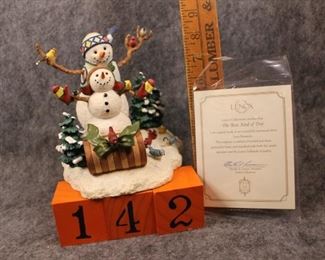 142: The Best Kind of Day. Now $20.  Was $35.   Group Lenox figurine with Christmas trees, gifts, birds.  Lenox snowman by Lynn Bywaters - 1990s.  New in box - excellent condition.  