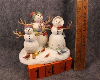 144:  Birds of a Feather. Now $20.  Was $28.  NOTE: red bird in front has lost tip of the tail.  Tiny loss.  Lenox snowman by Lynn Bywaters - 1990s.  New in box - excellent condition.  