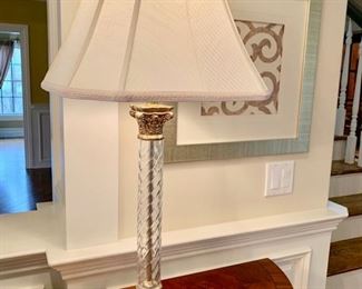16. Pair of Crystal and Brass Pillar Lamps (35")