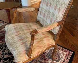 38. Pair of Schoonbeck Carved Side Chairs w/ Ikat Upholstery (27" x 27" x 37")