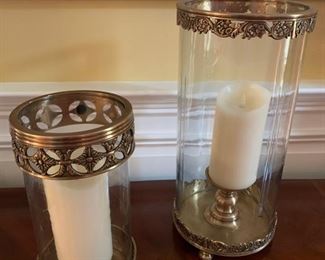 32. Pair of Brass and Glass Hurricane Candle Holders w/ Luminara Candles Small (13") Large (18")
