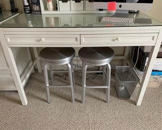 97. 2 Drawer Work Table w/ Protective Glass Top (54" x 28" x 37")                                                                                                114. Pair of Aluminum Swivel Stools (15" x 24")