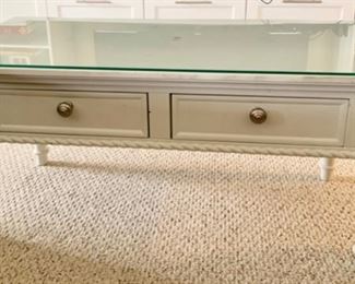 113. 2 Drawer Coffee Table w/ Protective Glass Top (40" x 20" x 18")
