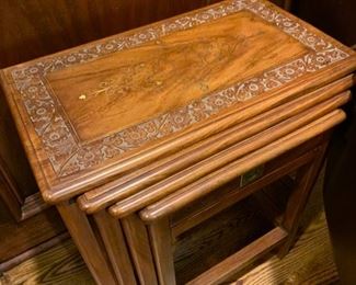 201. Set of 4 Carved Nesting Tables w/ Brass Inlay (20" x 12" x 20")