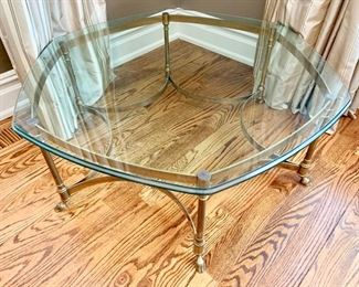 253. Hexagon Beveled Glass Top Coffee Table on Brass Base (42" x 15")
