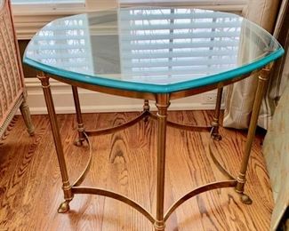 254. Pair of Hexagon Beveled Glass Top End Tables on Brass Base (30" x 22")