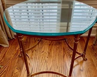 254. Pair of Hexagon Beveled Glass Top End Tables on Brass Base (30" x 22")