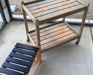 Rolling Teak Cart and Black Tan Side Bench