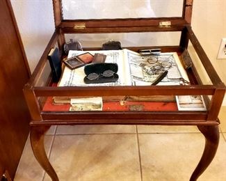 Shadow box table FULL of collectible Antiques  (1800's bible, pipes, etc...)