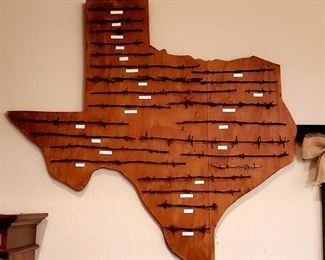 Cool large wooden Texas wall hanging with antique barbed wire