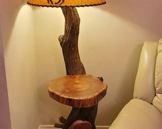 Unique driftwood floor lamp with leather bound horse shade