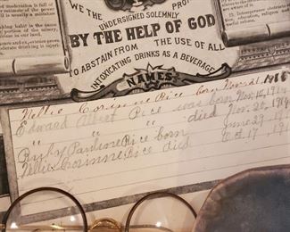 Shadow box table FULL of collectible Antiques  (1800's bible, pipes, etc...)