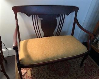 #10- Antique Upholstered Fiddle back bench- 43" wide x 20" deep x 18" tall @seat, 37" @ back- $160