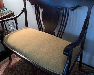 #10- Antique Upholstered Fiddle back bench- 43" wide x 20" deep x 18" tall @seat, 37" @ back- $160