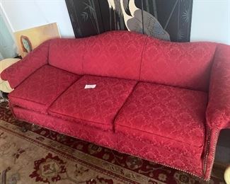 #25- Vintage Red Damask claw foot sofa- 86" wide x 35" deep x 29" tall- $300
