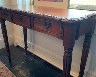 #18- Vintage Carved top desk with 3 chairs- 29" high x 15" deep x 39 1/2 wide- $75