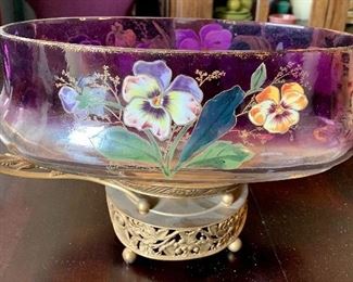 #31- Pairpoint Manufacturing Co. Enamel painted glass bowl on metal stand - 14 1/2" wide x 7 1/2" tall x 6" deep- $600
