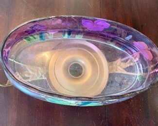 #31- Pairpoint Manufacturing Co. Enamel painted glass bowl on metal stand - 14 1/2" wide x 7 1/2" tall x 6" deep- $600