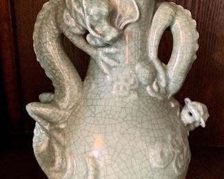 #34- Chinese Ming style dragon Celadon glazed vase- 12" tall x 9" wide- $160