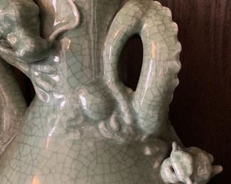 #34- Chinese Ming style dragon Celadon glazed vase- 12" tall x 9" wide- $160