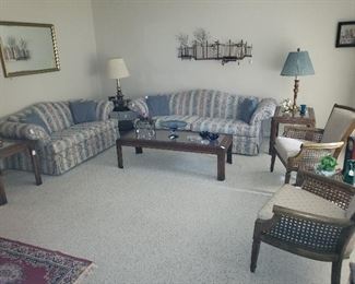 Overview of Living Room to include Matching Sofa & Love Seat by Dresden Admiral, Pr. of Fruitwood Arm Chairs, Westwood Table Lamps & C. Jere signed Metal Sculpture "Park Scene"