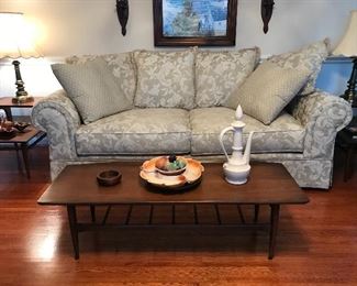 Mid Century Modern Coffee Table, Contemporary sofa, 2 brass lamps