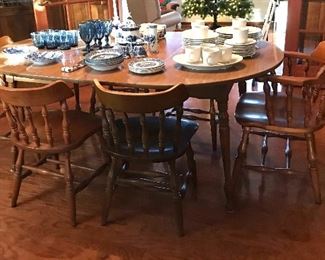 Early American maple style dining table, 6 chairs, chia cabinet
