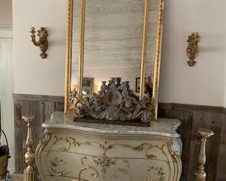 Painted Bombay Chest with Marble Top ~ Tall Gilt Mirror