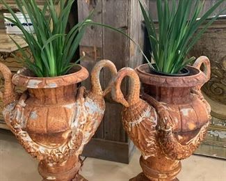 Regency Style Iron Garden Urns with Swan Handles