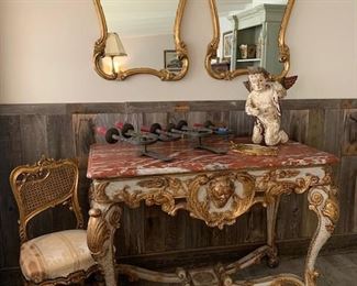 Carved Gilt Rocco Console Table with Carrera Marble Top