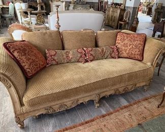 Gold Upholstered Sofa with Rolled Arms