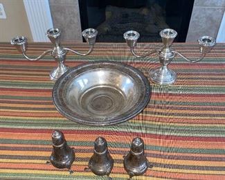 STERLING SILVER CANDELABRAS / SALT AND PEPPER/ BOWL
