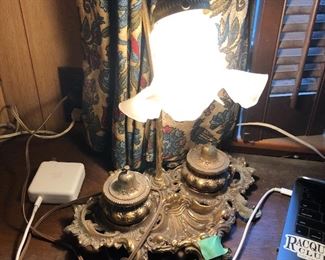 ANTIQUE BRASS LAMP WITH INKWELLS