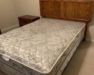 full size mattress and box spring, matching bedroom furniture headboard and frame, end table, tall chest, and long dresser with mirror