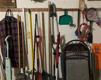 yard tools, folding chairs