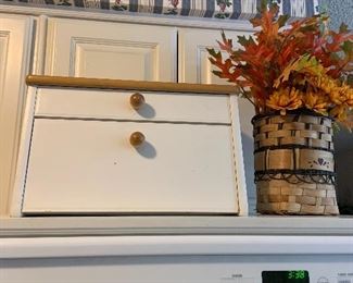 wood bread box, autumn floral in basket