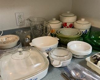 corning ware, vintage pyrex (Crazy Daisy pattern), vintage glass stuff