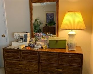 matching bedroom set, long dresser with mirror, full size bed frame and headboard, tall dresser, one night stand