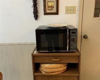 Emerson microwave, microwave stand, braided place mats, wall art