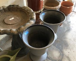 garden pots, cement bird bath