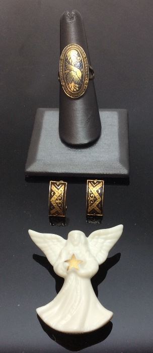 VTG SPANISH BRASS EARRINGS & RING WITH LENOX ANGEL PIN