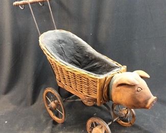 VINTAGE WOODEN PIG DOLL STROLLER