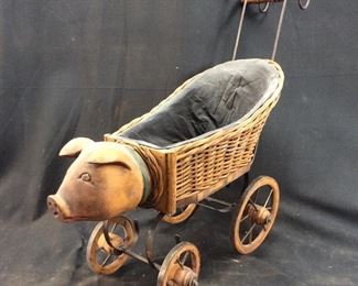 VINTAGE WOODEN PIG DOLL STROLLER