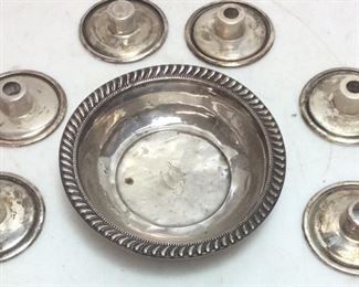 SILVER CANDLE TOPS AND BOWL