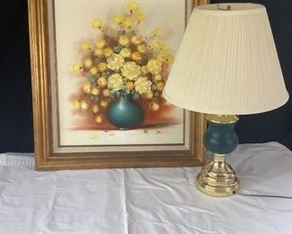 007 Yellow Bloom Painting and Gold Embellished Lamp