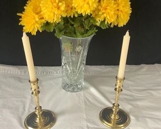 Baldwin Brass Candlesticks Yellow Flowers Crystal Vase